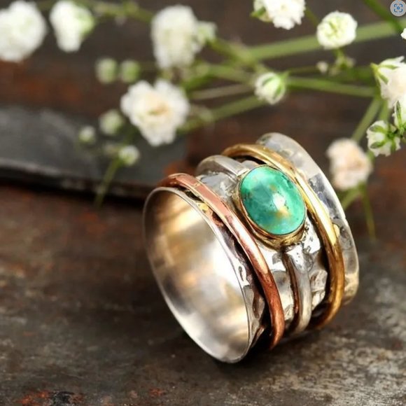 Handmade Hammered Oval Turquoise & Silver Mixed Metal Boho Wide Band Ring NEW - Picture 3 of 6